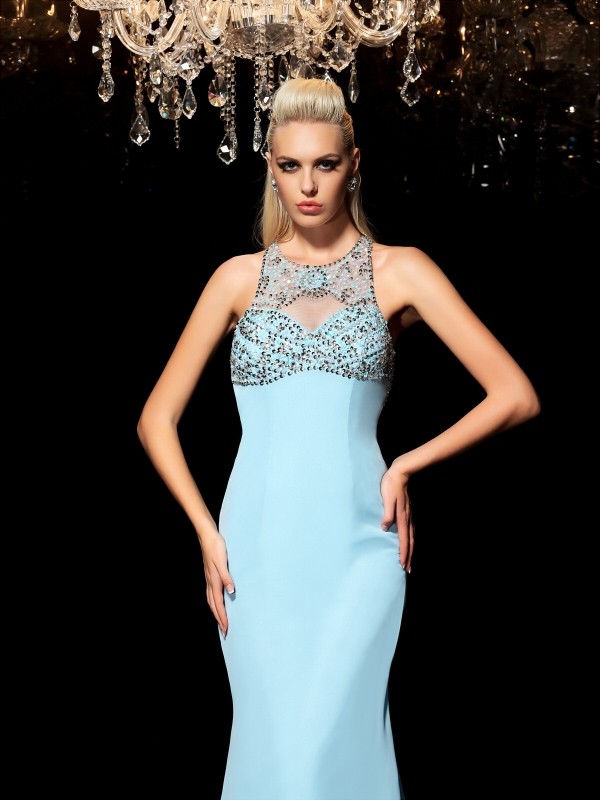 Sheath/Column Sheer Neck Beading Sleeveless Long Chiffon Dresses 6506