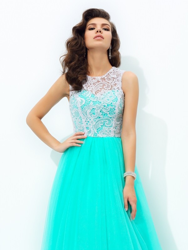 A-line/Princess Scoop Lace Sleeveless Long Net Dresses 4321