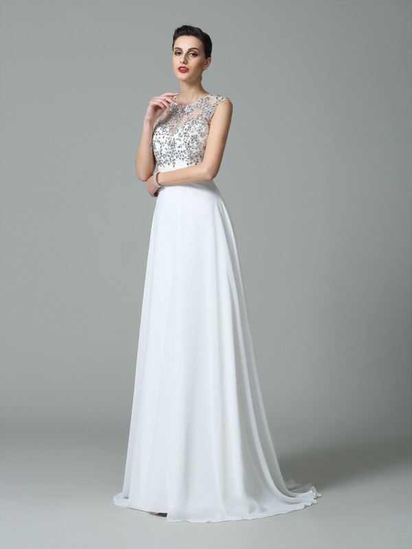 A-Line/Princess Jewel Beading Sleeveless Long Chiffon Dresses 3676