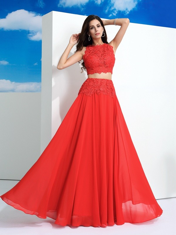 A-Line/Princess Scoop Lace Sleeveless Long Chiffon Two Piece Dresses 4320