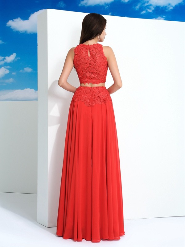 A-Line/Princess Scoop Lace Sleeveless Long Chiffon Two Piece Dresses 4320