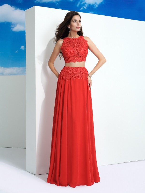 A-Line/Princess Scoop Lace Sleeveless Long Chiffon Two Piece Dresses 4320