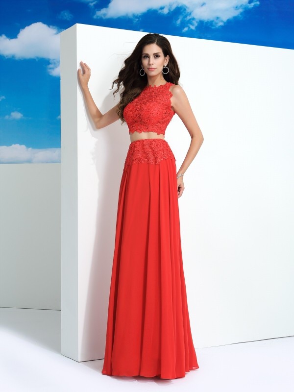 A-Line/Princess Scoop Lace Sleeveless Long Chiffon Two Piece Dresses 4320