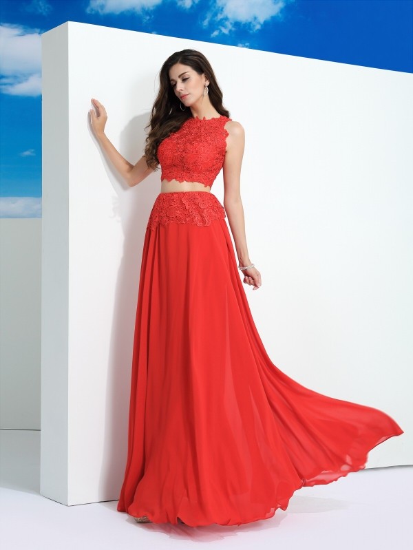 A-Line/Princess Scoop Lace Sleeveless Long Chiffon Two Piece Dresses 4320