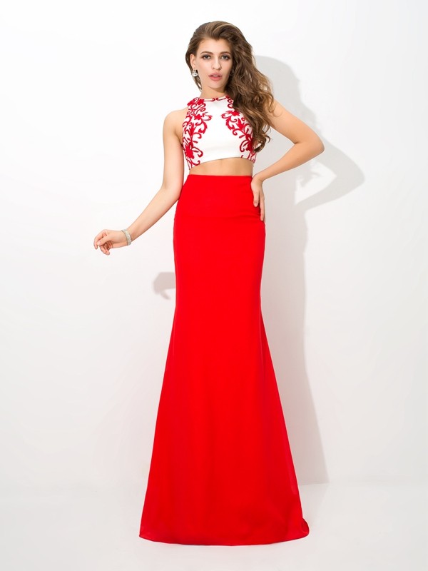 Sheath/Column High Neck Applique Sleeveless Long Chiffon Two Piece Dresses 5980