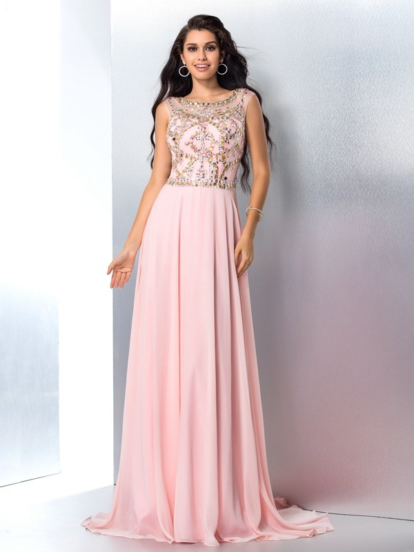 A-Line/Princess Scoop Beading Sleeveless Long Chiffon Dresses 4301