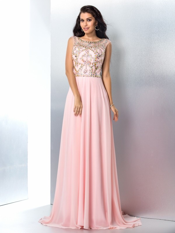 A-Line/Princess Scoop Beading Sleeveless Long Chiffon Dresses 4301