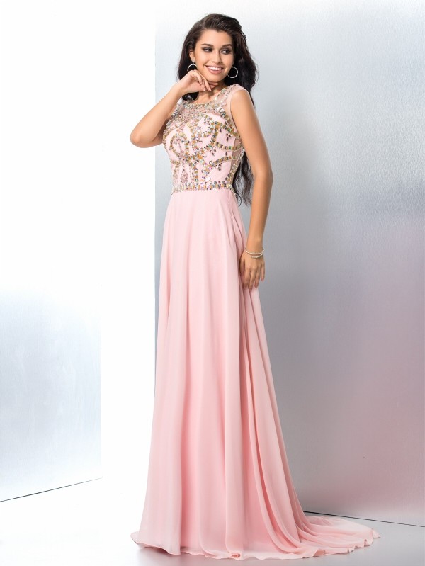 A-Line/Princess Scoop Beading Sleeveless Long Chiffon Dresses 4301