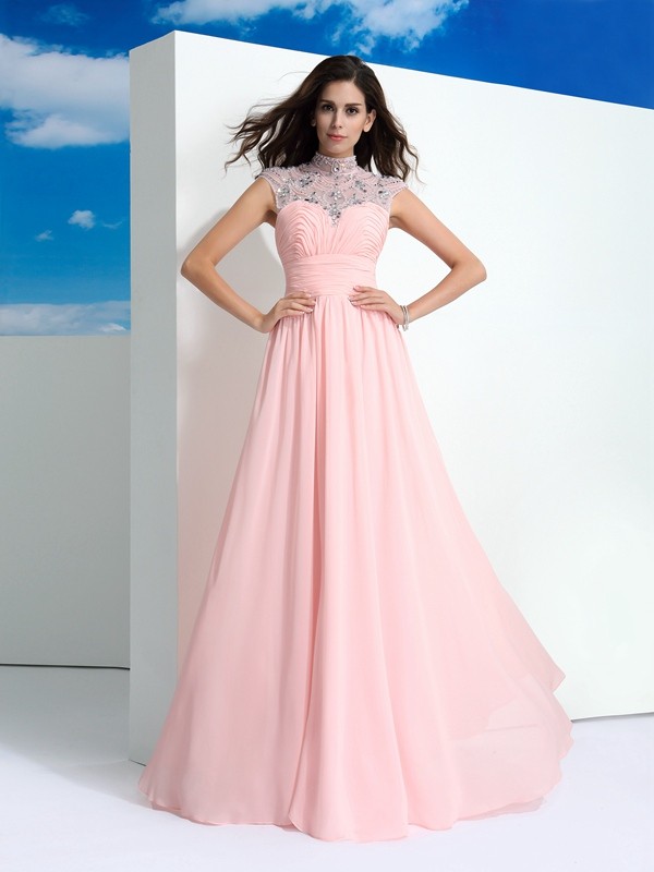 A-Line/Princess Sheer Neck Beading Sleeveless Long Chiffon Dresses 4411