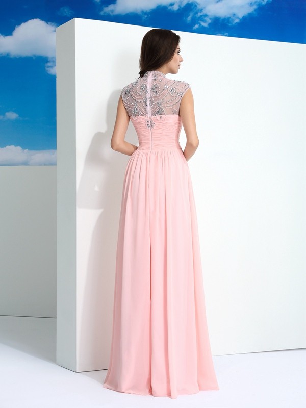 A-Line/Princess Sheer Neck Beading Sleeveless Long Chiffon Dresses 4411