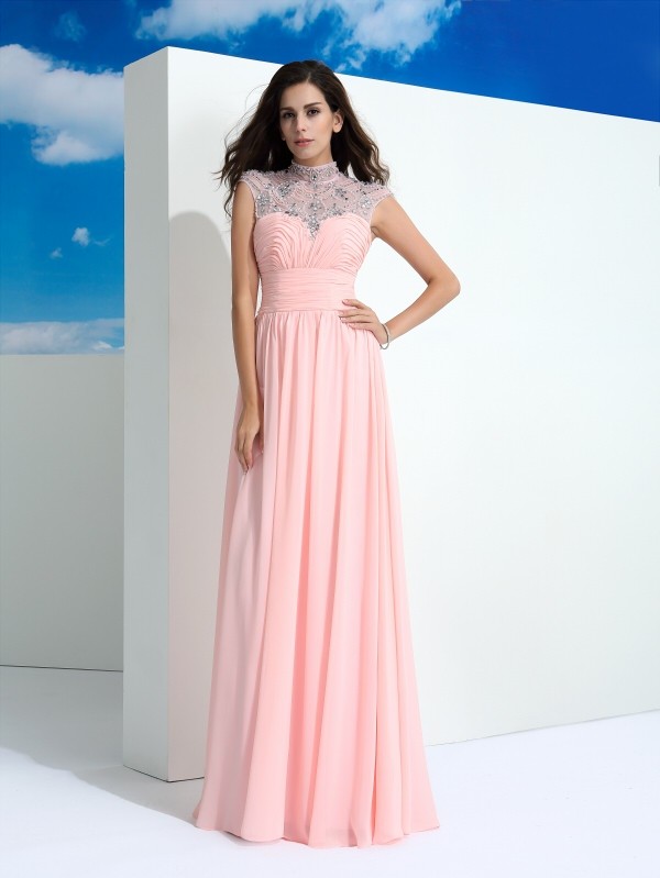 A-Line/Princess Sheer Neck Beading Sleeveless Long Chiffon Dresses 4411