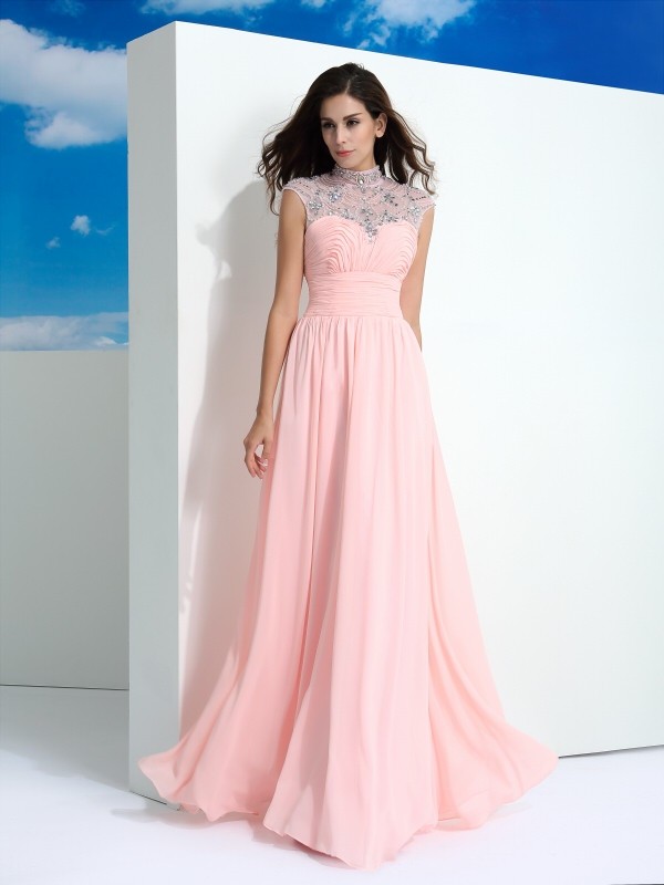 A-Line/Princess Sheer Neck Beading Sleeveless Long Chiffon Dresses 4411