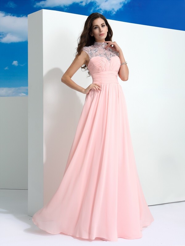 A-Line/Princess Sheer Neck Beading Sleeveless Long Chiffon Dresses 4411