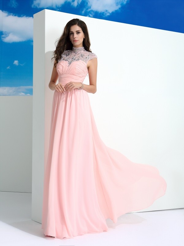 A-Line/Princess Sheer Neck Beading Sleeveless Long Chiffon Dresses 4411