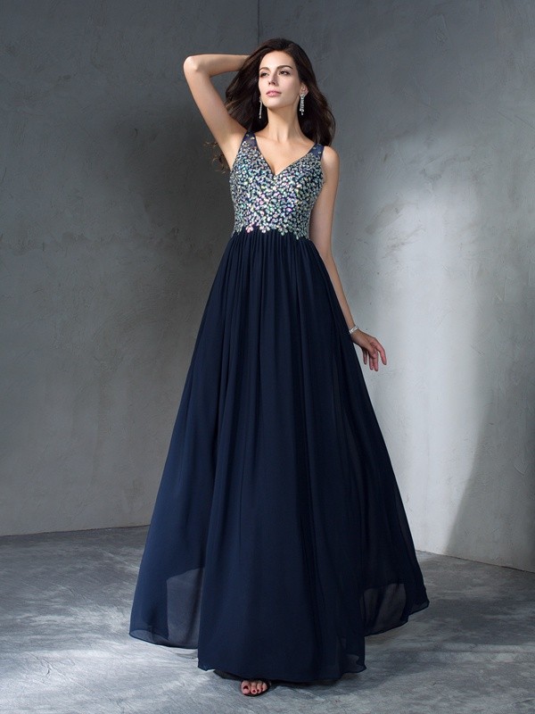 A-Line/Princess V-neck Beading Sleeveless Long Chiffon Dresses 5444