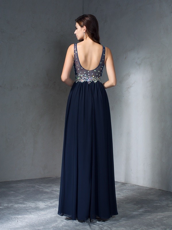 A-Line/Princess V-neck Beading Sleeveless Long Chiffon Dresses 5444