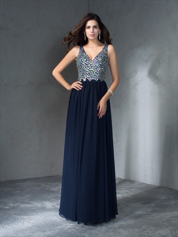 A-Line/Princess V-neck Beading Sleeveless Long Chiffon Dresses 5444