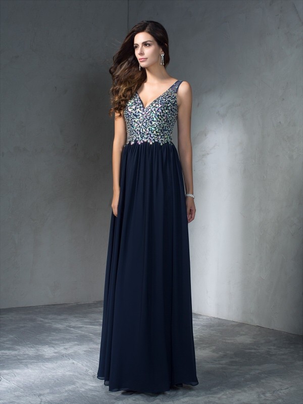 A-Line/Princess V-neck Beading Sleeveless Long Chiffon Dresses 5444