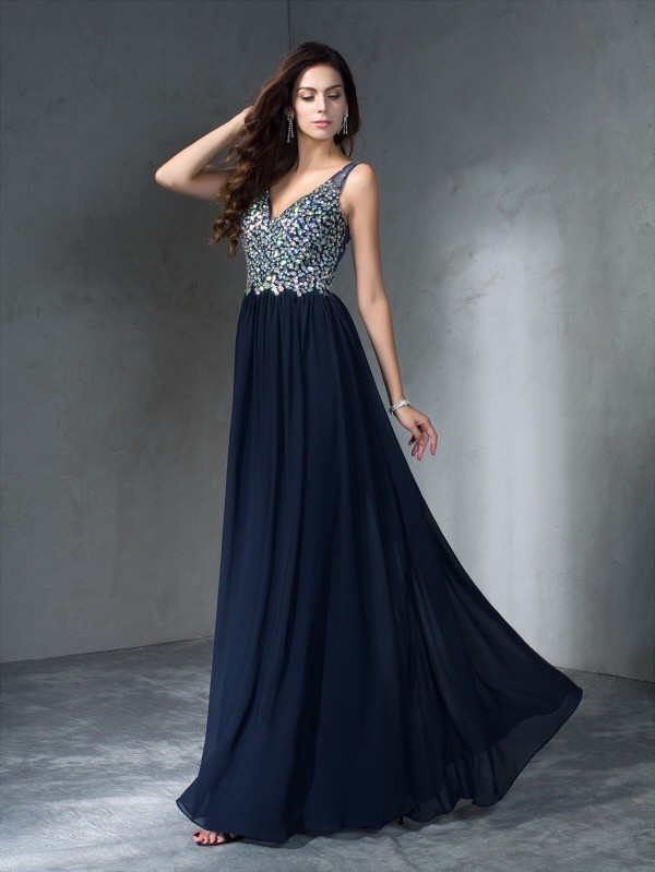 A-Line/Princess V-neck Beading Sleeveless Long Chiffon Dresses 5444