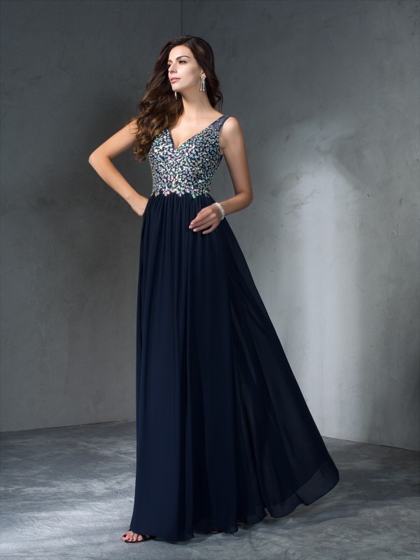 A-Line/Princess V-neck Beading Sleeveless Long Chiffon Dresses 5444