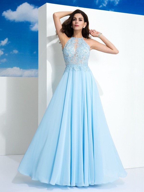 A-Line/Princess Spaghetti Straps Applique Sleeveless Long Chiffon Dresses 4679