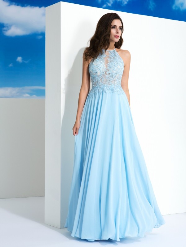 A-Line/Princess Spaghetti Straps Applique Sleeveless Long Chiffon Dresses 4679