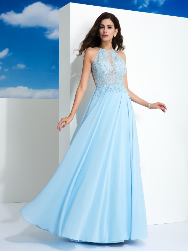 A-Line/Princess Spaghetti Straps Applique Sleeveless Long Chiffon Dresses 4679