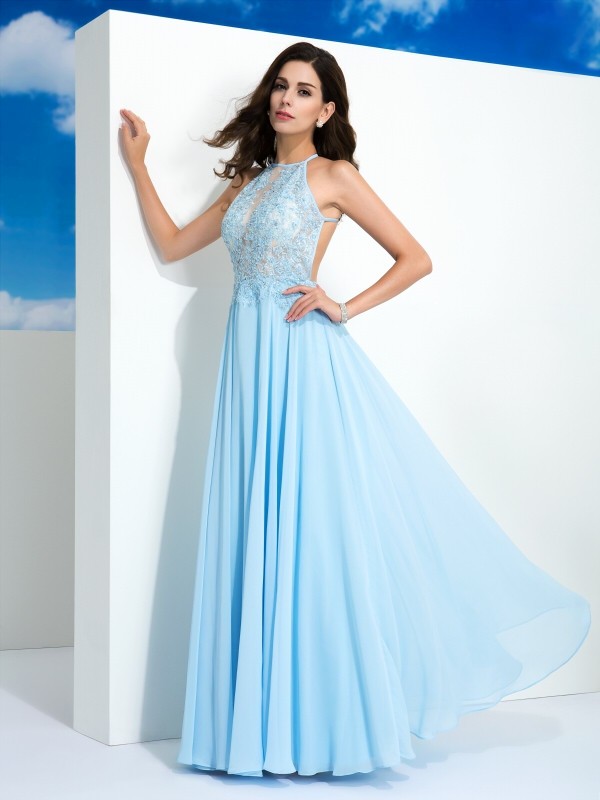 A-Line/Princess Spaghetti Straps Applique Sleeveless Long Chiffon Dresses 4679