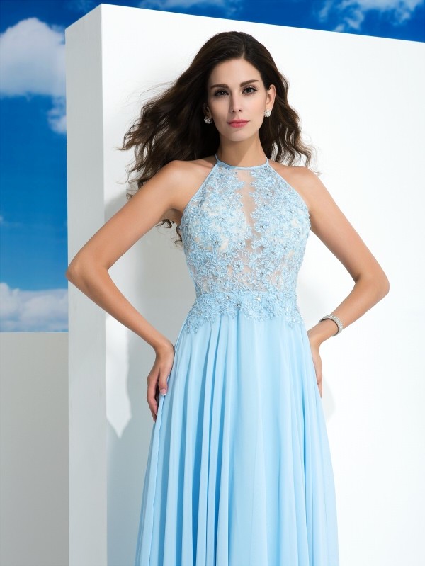 A-Line/Princess Spaghetti Straps Applique Sleeveless Long Chiffon Dresses 4679