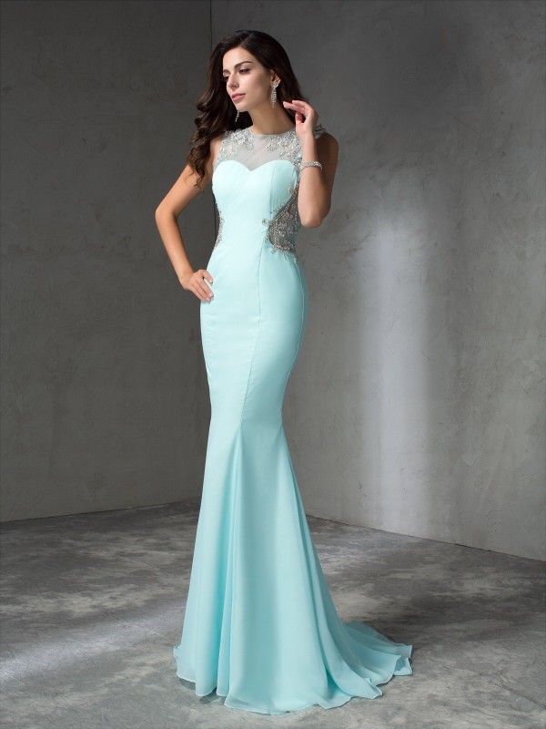 Trumpet/Mermaid Jewel Beading Sleeveless Long Chiffon Dresses 7082