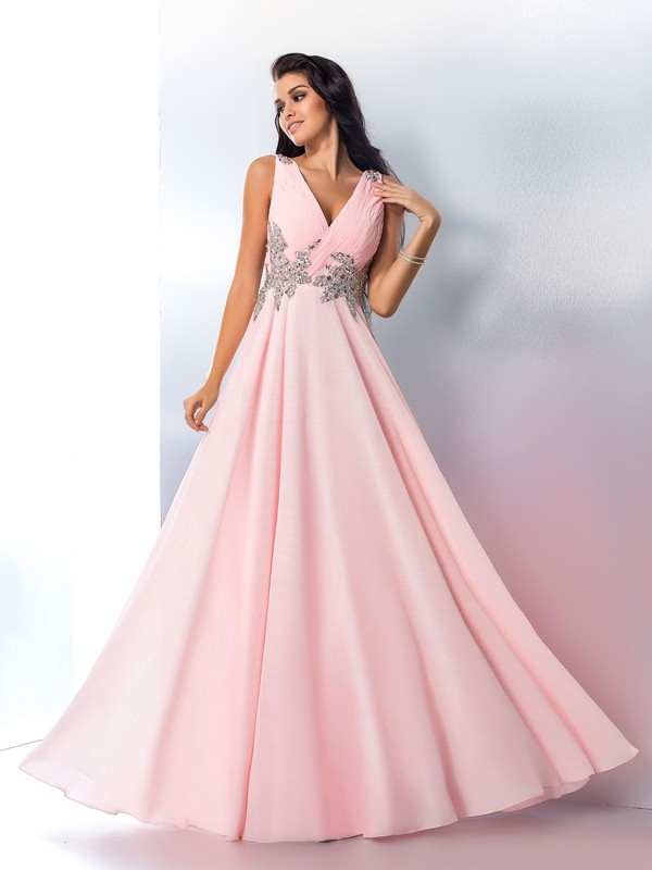 A-Line/Princess V-neck Beading Sleeveless Long Chiffon Dresses 5445