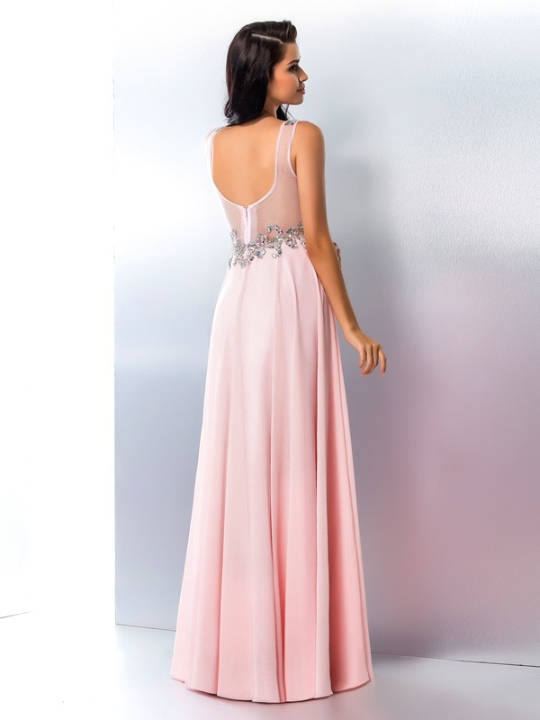 A-Line/Princess V-neck Beading Sleeveless Long Chiffon Dresses 5445