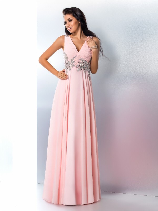 A-Line/Princess V-neck Beading Sleeveless Long Chiffon Dresses 5445