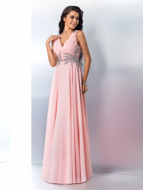 A-Line/Princess V-neck Beading Sleeveless Long Chiffon Dresses 5445