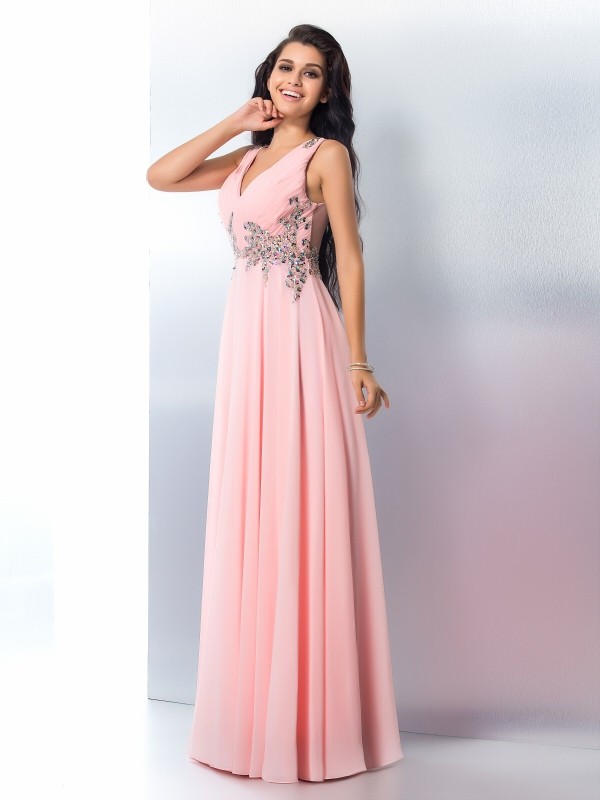 A-Line/Princess V-neck Beading Sleeveless Long Chiffon Dresses 5445