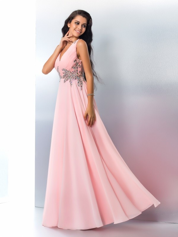 A-Line/Princess V-neck Beading Sleeveless Long Chiffon Dresses 5445