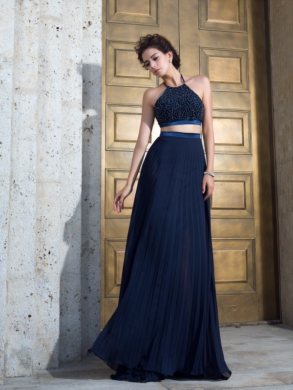 A-Line/Princess Spaghetti Straps Pleats Sleeveless Long Chiffon Two Piece Dresses 4692