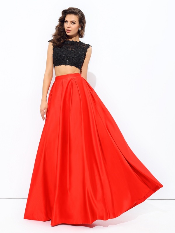 A-line/Princess Scoop Lace Sleeveless Long Satin Two Piece Dresses 4322