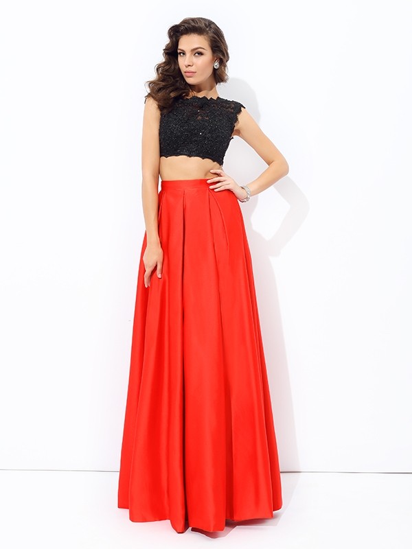 A-line/Princess Scoop Lace Sleeveless Long Satin Two Piece Dresses 4322