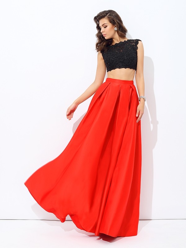 A-line/Princess Scoop Lace Sleeveless Long Satin Two Piece Dresses 4322