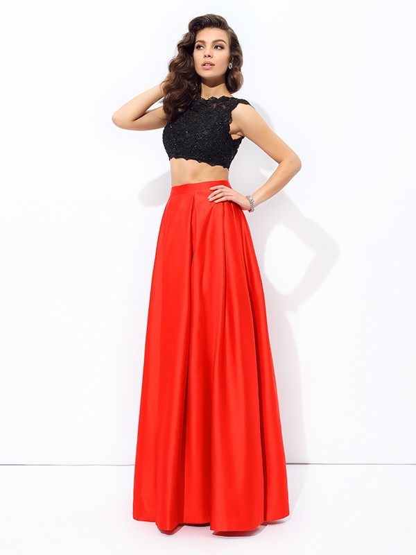 A-line/Princess Scoop Lace Sleeveless Long Satin Two Piece Dresses 4322