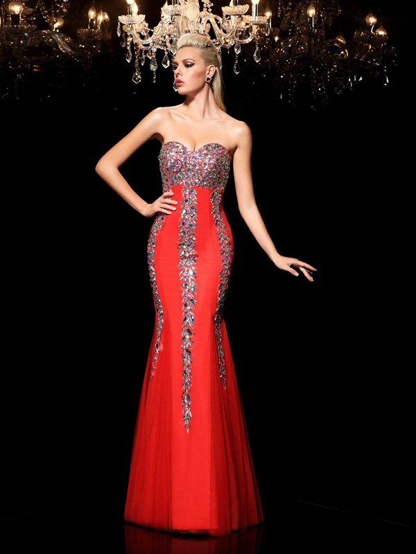 Sheath/Column Sweetheart Rhinestone Sleeveless Long Net Dresses 6787