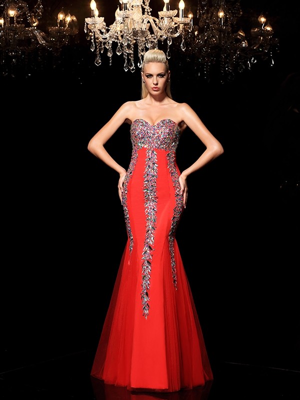 Sheath/Column Sweetheart Rhinestone Sleeveless Long Net Dresses 6787