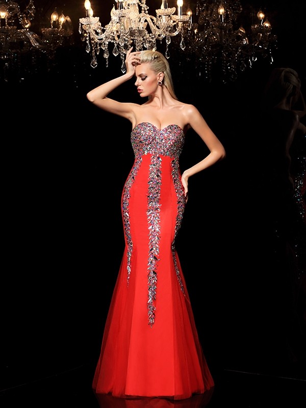 Sheath/Column Sweetheart Rhinestone Sleeveless Long Net Dresses 6787