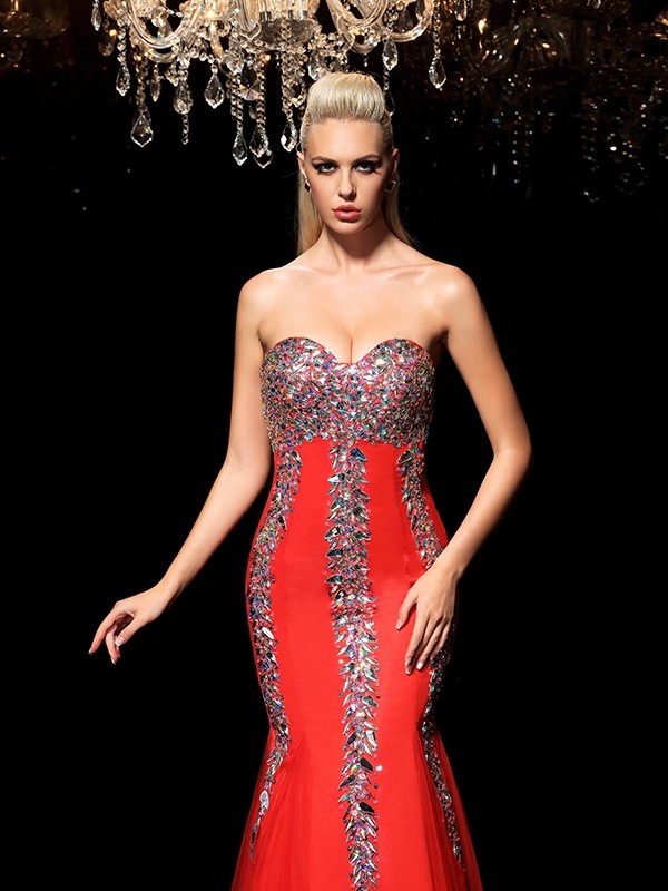 Sheath/Column Sweetheart Rhinestone Sleeveless Long Net Dresses 6787