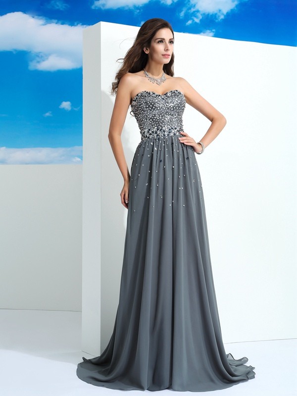 A-Line/Princess Sweetheart Beading Sleeveless Long Chiffon Dresses 4947