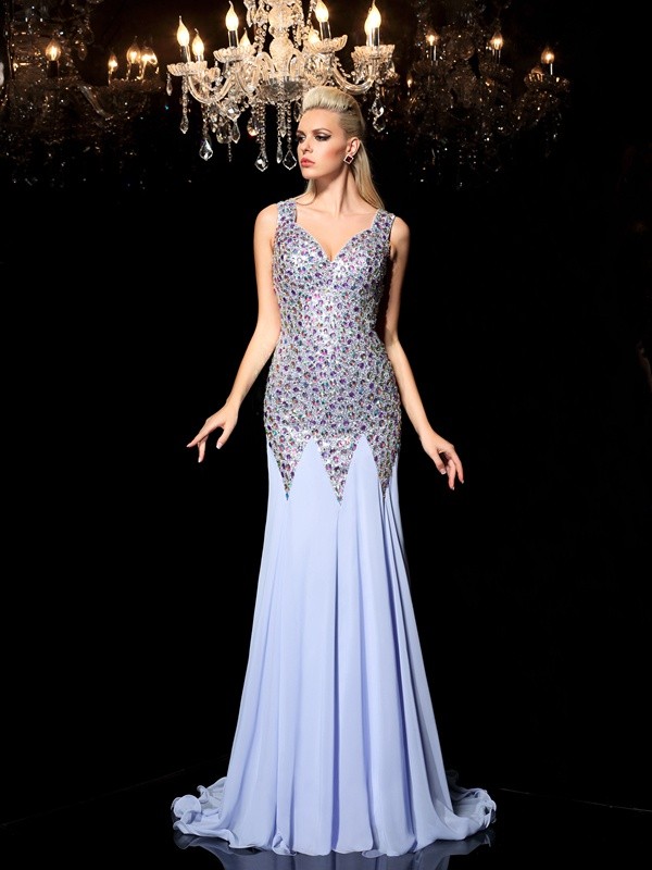 Sheath/Column Straps Rhinestone Sleeveless Long Chiffon Dresses 6695