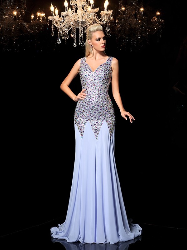 Sheath/Column Straps Rhinestone Sleeveless Long Chiffon Dresses 6695