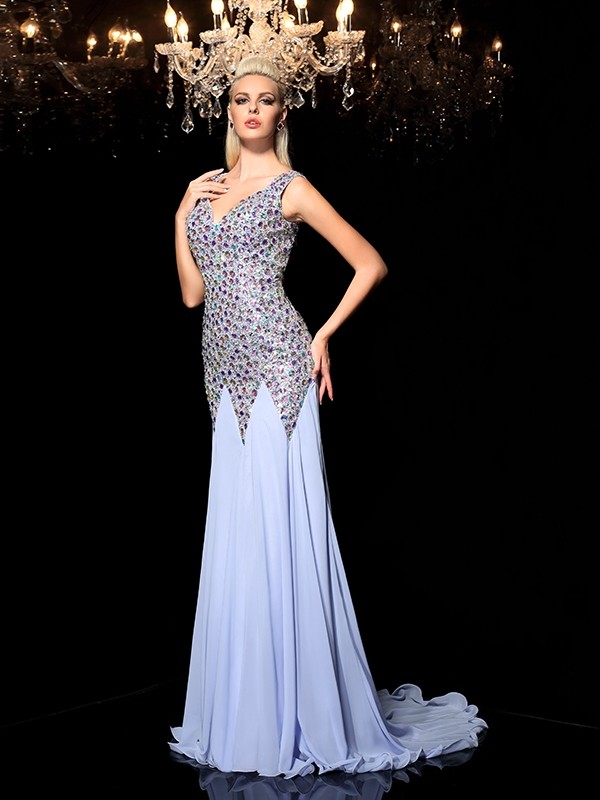 Sheath/Column Straps Rhinestone Sleeveless Long Chiffon Dresses 6695