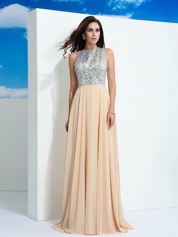 A-Line/Princess Scoop Paillette Sleeveless Long Chiffon Dresses 4326